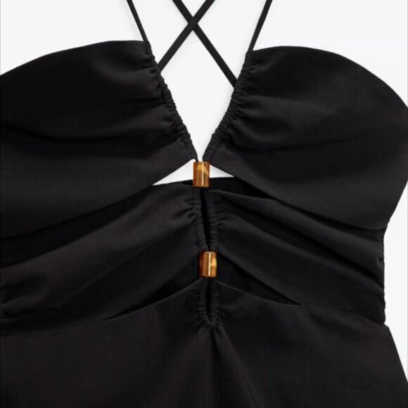 ZARA Cut Out Midi Dress, Wooden Bead Detail, Black, XS - Picture 6 of 12